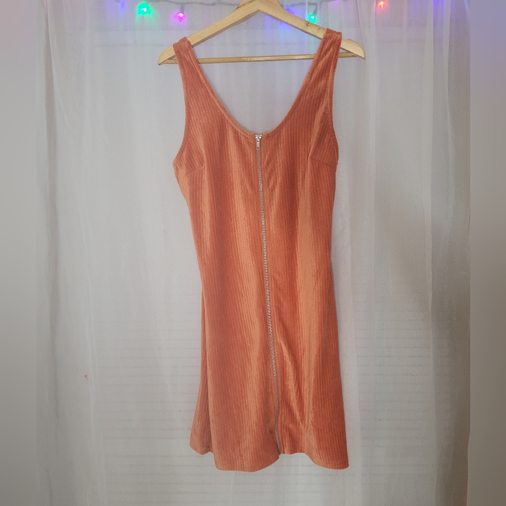 Bodycon Mini Dress Orange Large Full Zip Ribbed Textured Strappy